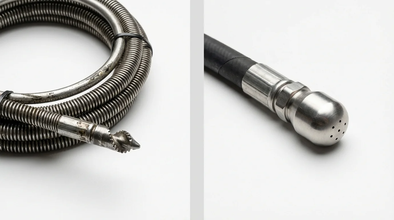 Drain snake cable and hydro jetting nozzle used for drain cleaning in Akron, IN