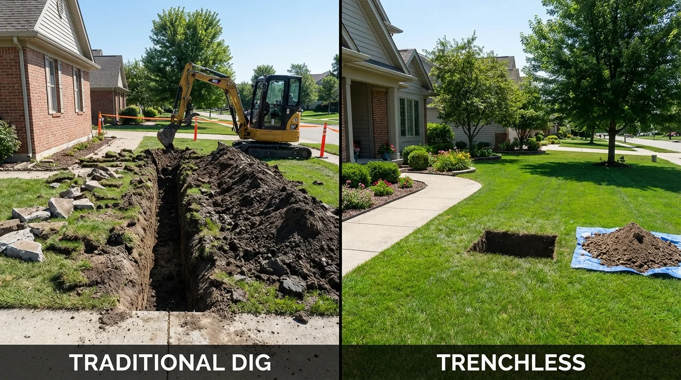Trenchless sewer repair with minimal yard damage versus traditional excavation in Akron, IN