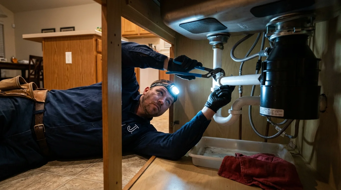P-trap and supply line connections under a kitchen sink showing a common leak point in Akron, IN